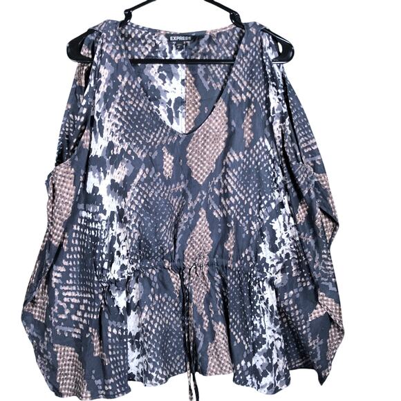 Express Womens Blouse Brown Black Snake Print V Neck Cold Shoulder Medium - Picture 2 of 13